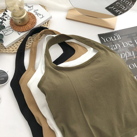 Women Halter Top Summer Korean Style Trend Fashion Built in Women Bra Stretch Women Beach Everyday Casual Tank Top