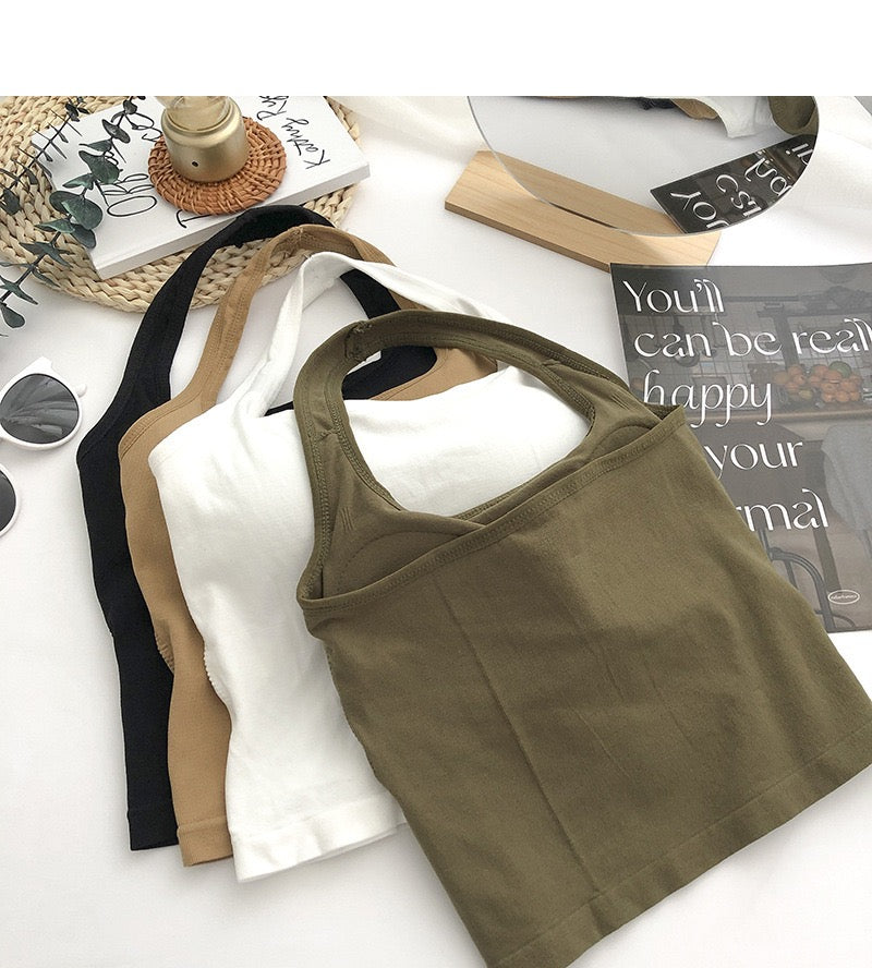 Women Halter Top Summer Korean Style Trend Fashion Built in Women Bra Stretch Women Beach Everyday Casual Tank Top