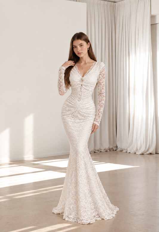 Elegant Women's Lace Dress High Quality Long Sleeve V Neck Ruched Slim Fit Exquisite Cut-out Design Casual Dresses