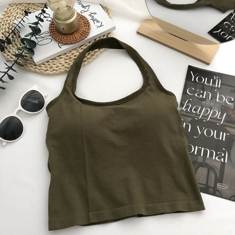 Women Halter Top Summer Korean Style Trend Fashion Built in Women Bra Stretch Women Beach Everyday Casual Tank Top