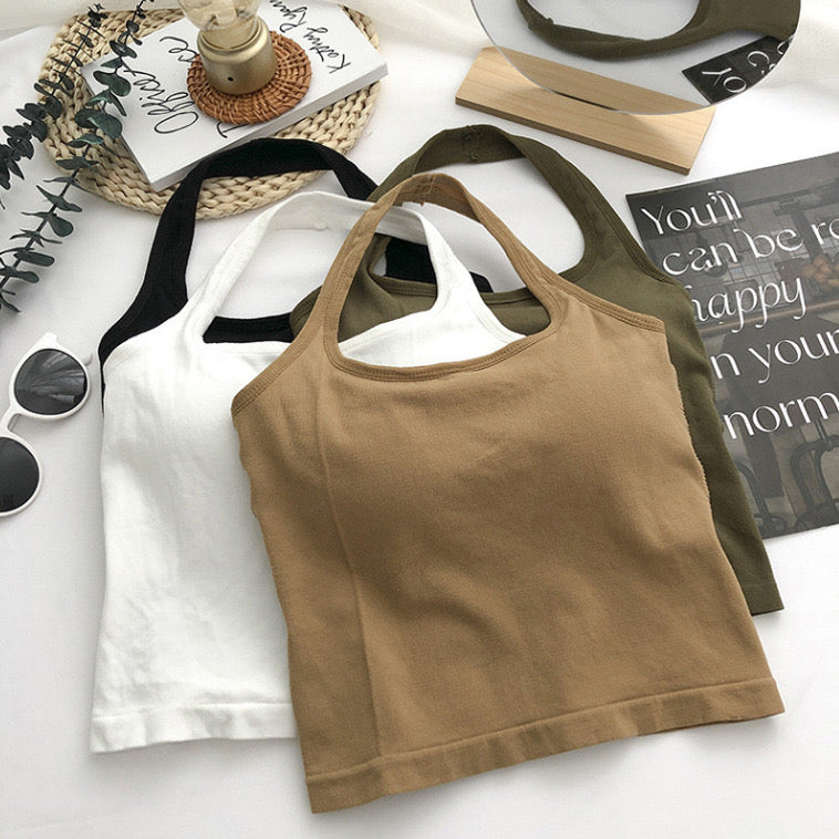 Women Halter Top Summer Korean Style Trend Fashion Built in Women Bra Stretch Women Beach Everyday Casual Tank Top