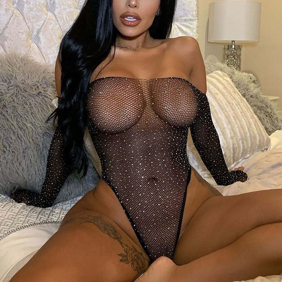 Sparkly Bodysuit Body Stockings Women's Fishnet See-through Tops Summer Hollow Long Sleeve Tights 2025 Sexy Costumes