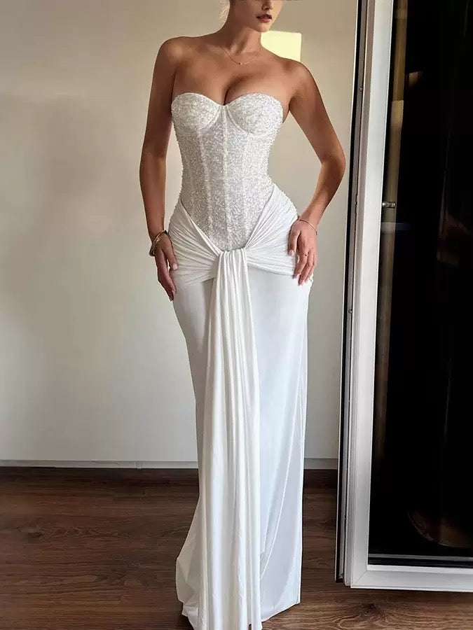 Women's Dress Fashion Backless Solid Slim Long Elegant Evening Dress Summer Ribbon Sequin Nightclub Sexy Cocktail Party Dresses