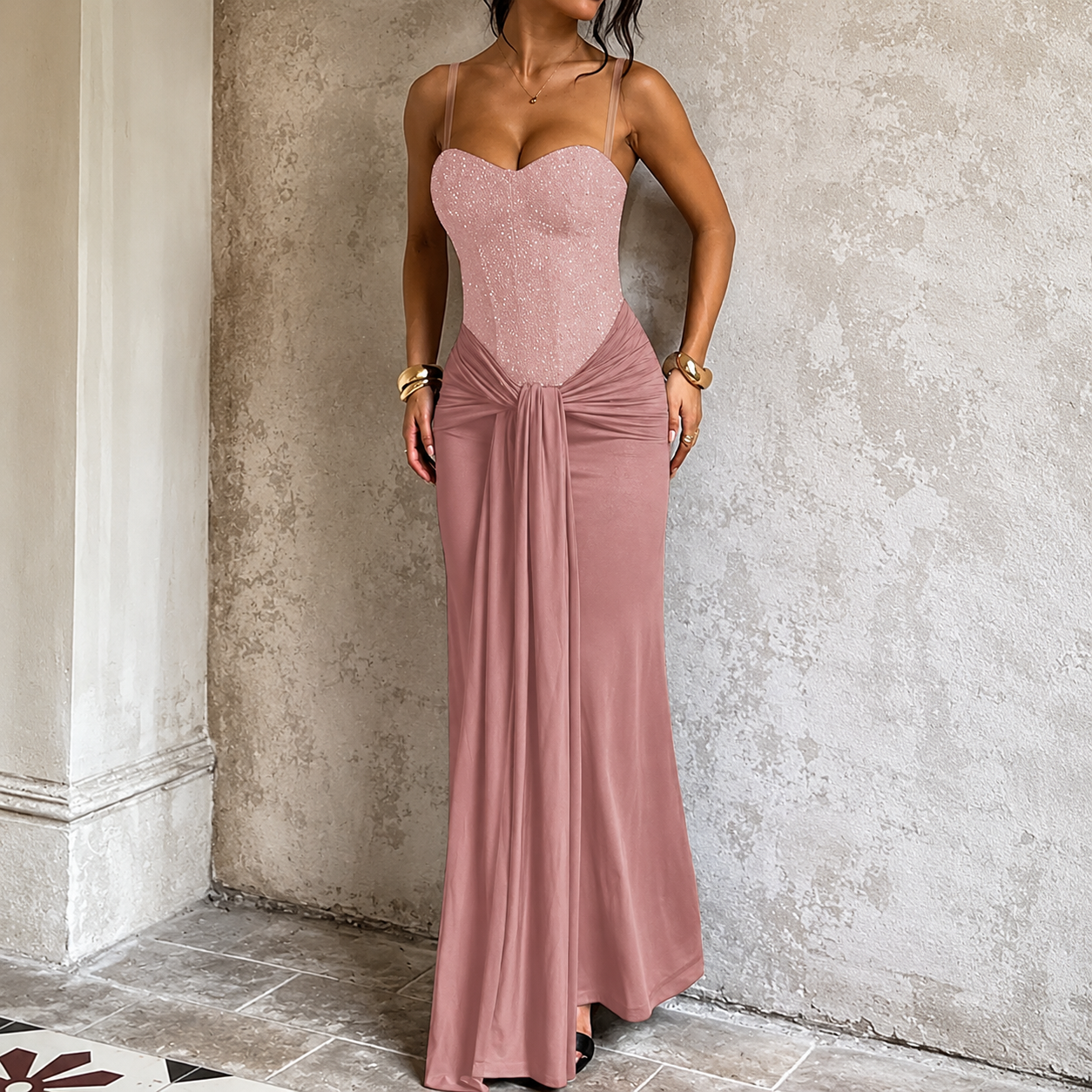 Women's Dress Fashion Backless Solid Slim Long Elegant Evening Dress Summer Ribbon Sequin Nightclub Sexy Cocktail Party Dresses