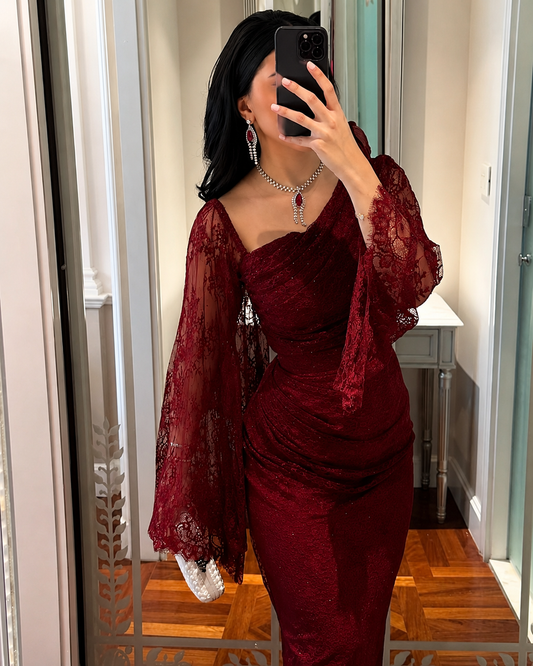 New Fashion Women's Wine Red Solid Color Elegant Casual Trendy Slim Lace Ankle Length Ceremonial Dress
