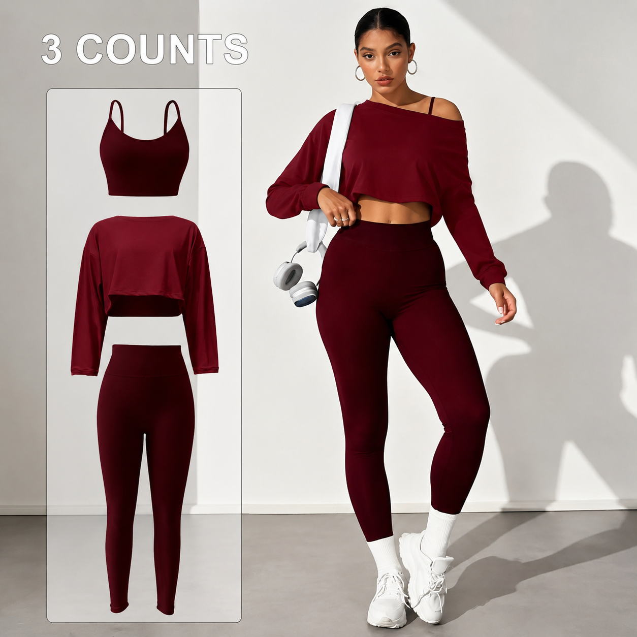 Fashionable lady's three-piece seamless bra, tight leggings, long-sleeved top, sports yoga outfit, ladies elastic fitness wear