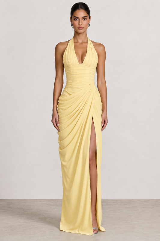 Women’s Elegant Halter Maxi Dress Deep V Neck Ruched Waist Draped Skirt Front Slit Slim Fit Floor Length Formal Evening Occasion Gown