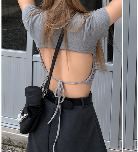 Top da donna Primavera Estate, scollo rotondo, schiena scoperta, tinta unita, maniche corte, crop top, attillato, sexy, casual, stile hot girl, top versatile