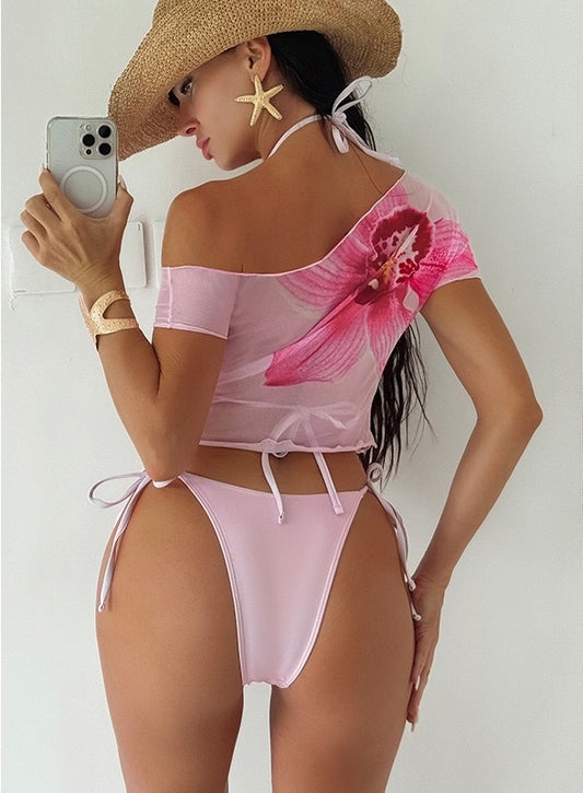 Sexy Pink Floral Print Short Sleeve Cover Up 3 Piece Bikini Set 2026 Women Push Up Thong Swimsuit Holiday Bathing Suit Swimwear