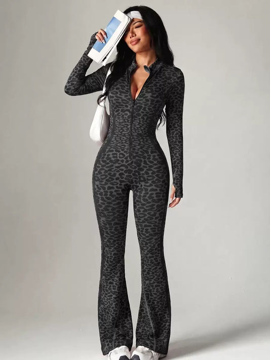 Women Seamless Jumpsuits Long Sleeve One Piece Yoga Overalls Backless Leopard Fitness Gym Bodysuits Flare Pants Sports Tracksuit
