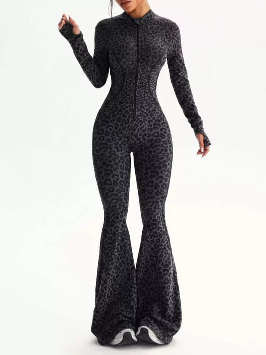 Women Seamless Jumpsuits Long Sleeve One Piece Yoga Overalls Backless Leopard Fitness Gym Bodysuits Flare Pants Sports Tracksuit