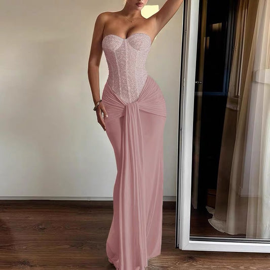 Women's Dress Fashion Backless Solid Slim Long Elegant Evening Dress Summer Ribbon Sequin Nightclub Sexy Cocktail Party Dresses