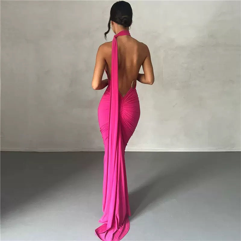 PINK Color Sexy Backless Evening Long Dress Women Pleated Elegant Chic Party Dresses Lady