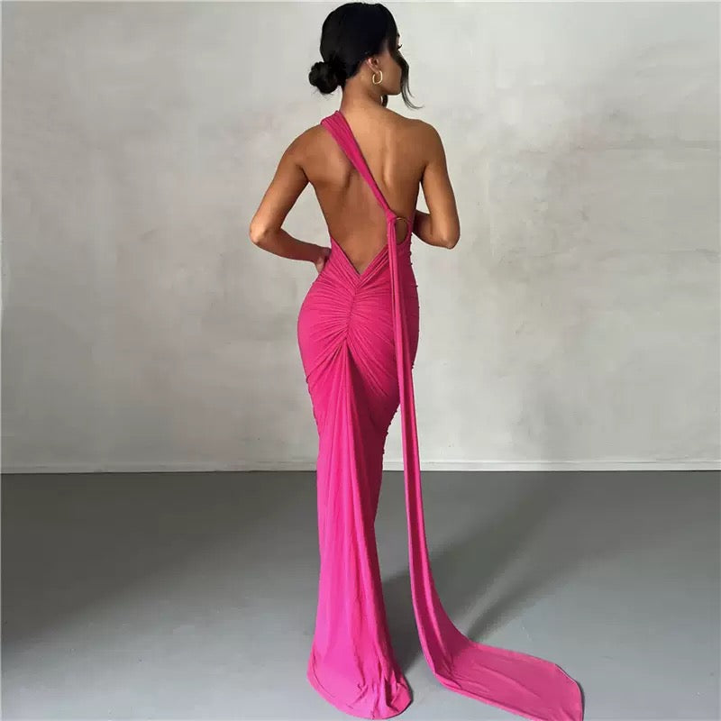 PINK Color Sexy Backless Evening Long Dress Women Pleated Elegant Chic Party Dresses Lady