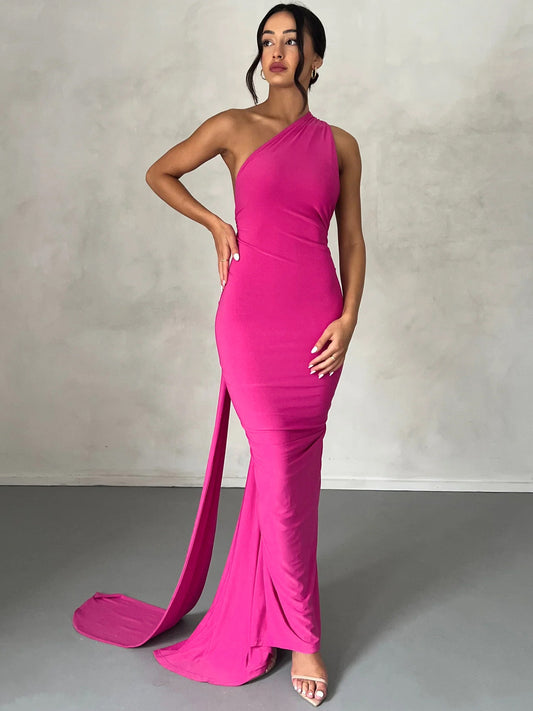 PINK Color Sexy Backless Evening Long Dress Women Pleated Elegant Chic Party Dresses Lady