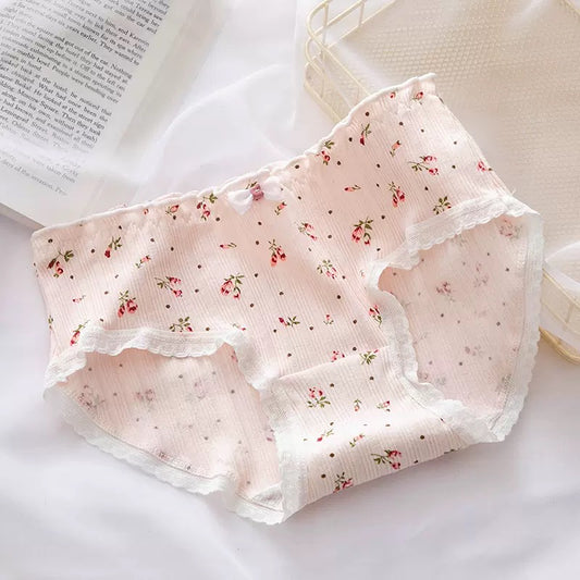 Women's Cotton Panties Mid Waist Comfortable Breathable Cute Sweet FLOWR Girl Briefs Underwear Female