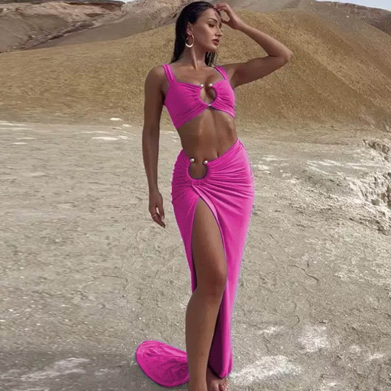 Sisterlinda Beach Style 2 Piece Set Women Summer Sexy Metal Decoration Ruched Tank Tops+Split Long Skirt Female Holiday Clubwear