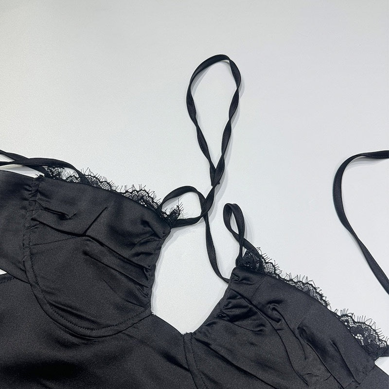 Women’s Satin Lace Trim Mini Slip Dress with Ruched Bust, Tie Front Detail, Spaghetti Straps and High Side Slit Bodycon Lingerie Dress
