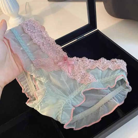 Women's Romantic Sheer Mesh Panties with Delicate Floral Lace Waistband, Scalloped Lace Trim, Soft Transparent Fabric & Elegant Satin Bow Detail