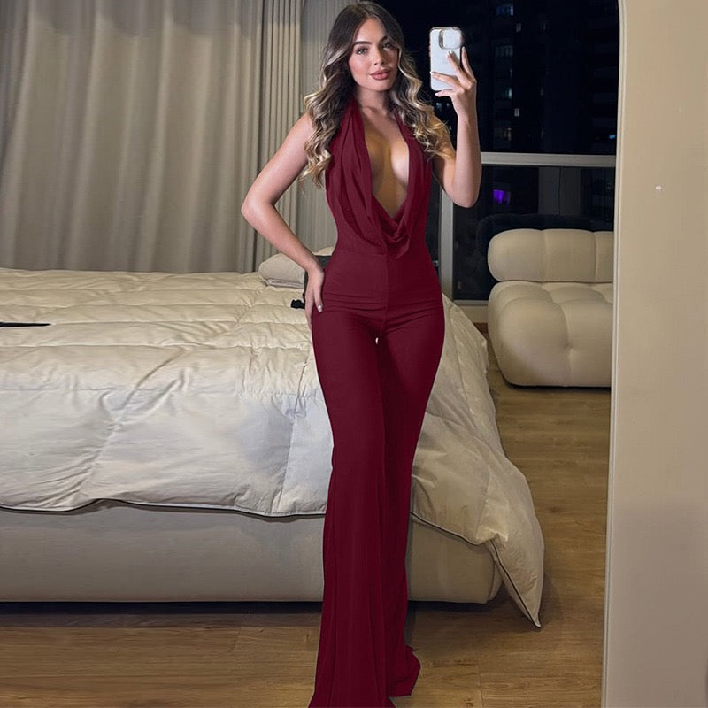 Cryptographic deep V Wrap around Halter sexy Backless Flare pant jumpsuits for women one-piece jumpsuit fashion clothes