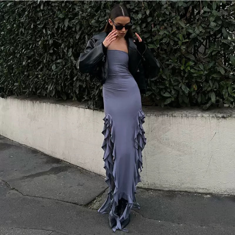 Women’s Sexy Slate blue Split Dress – Elegant Strapless Slim Fit with Ruffle & Fringe, Sleeveless Backless Summer Outfit for Club, Party, or Vacation