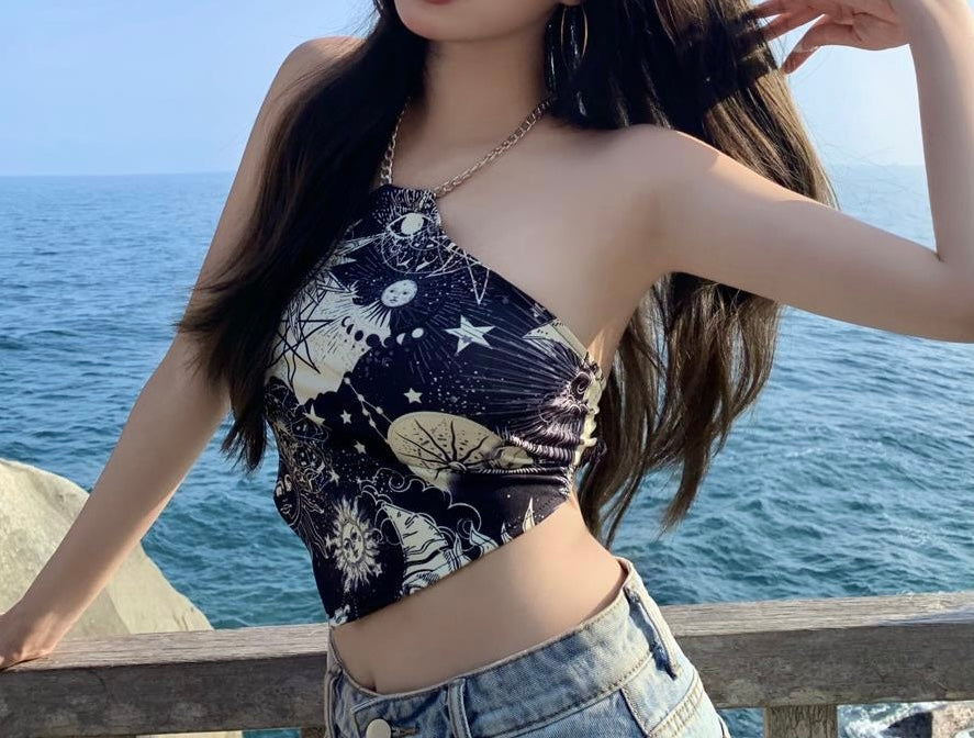 Sun And Moon Print Chain Halter Top