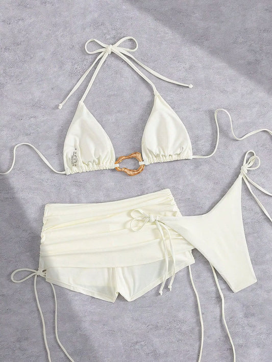 Women's Bikini Set Fashionable Solid Color Halter Neck Bra and Skirted Briefs, Thong 3Pcs Bathing Suit