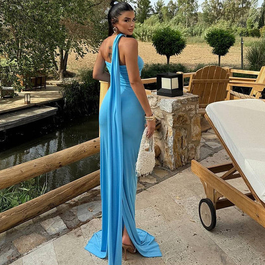 Elegant Women's Party BABY Blue Dress 2025 Summer Solid Color Hanging Neck Bareback Strap Split Style Skinny Dress Fishtail Bodycon Dress