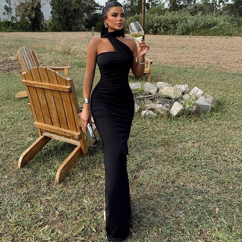 Elegant Women's Party Black Dress 2025 Summer Solid Color Hanging Neck Bareback Strap Split Style Skinny Dress Fishtail Bodycon Dress