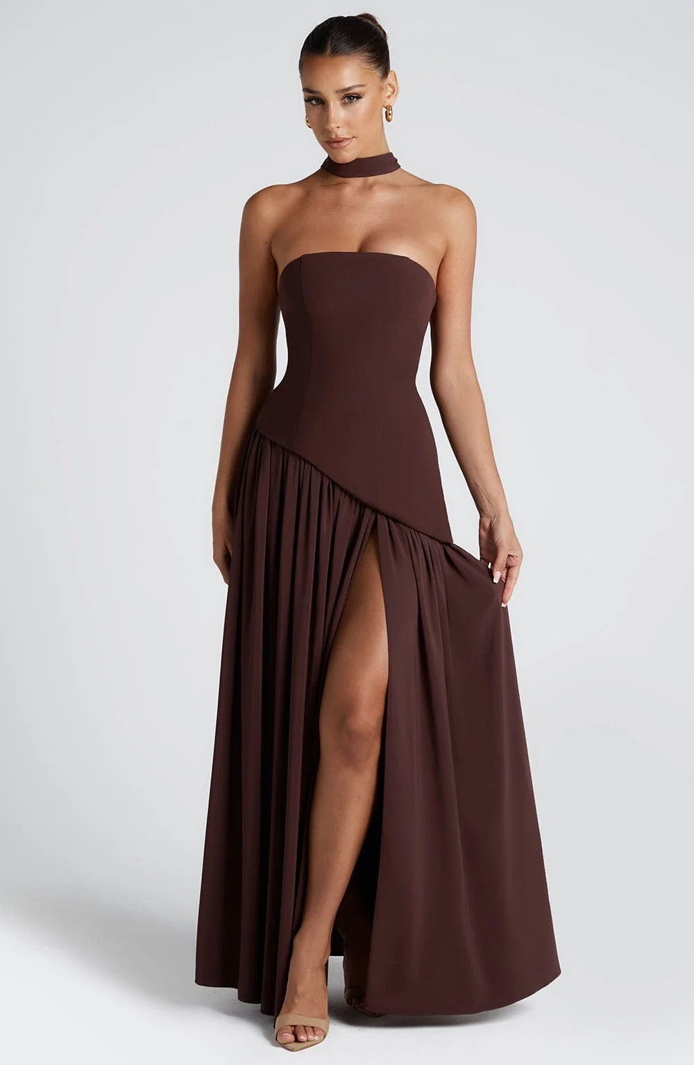 Elegant Ribbon Corset Long Brown Dress Womens Strapless High Waist Pleated Dresses 2025 Summer Evening Party Wedding Guest New