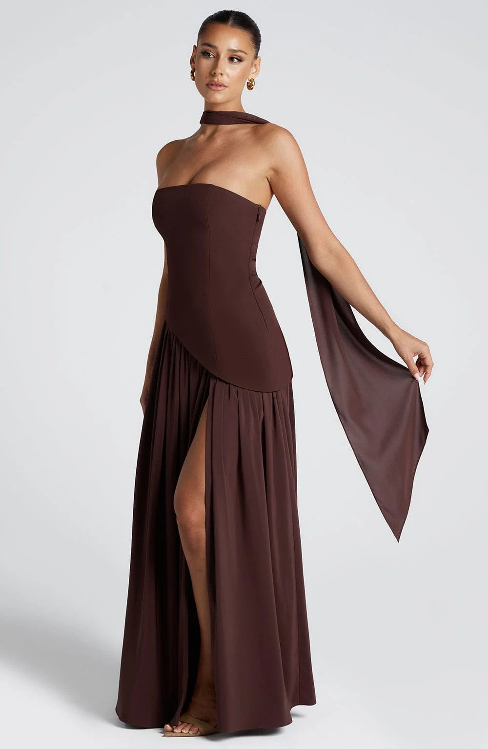 Elegant Ribbon Corset Long Brown Dress Womens Strapless High Waist Pleated Dresses 2025 Summer Evening Party Wedding Guest New