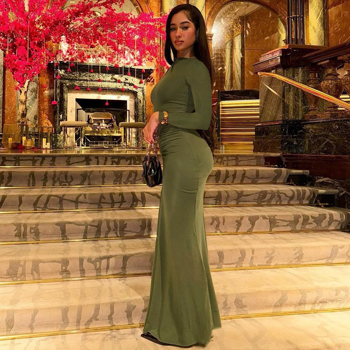 Sexy Wrap Buttocks Olive green Dresses Women O Neck Dress Long Sleeve Sheath Slim Fit Solid Spliced Pullover Folds Floor Length 2025