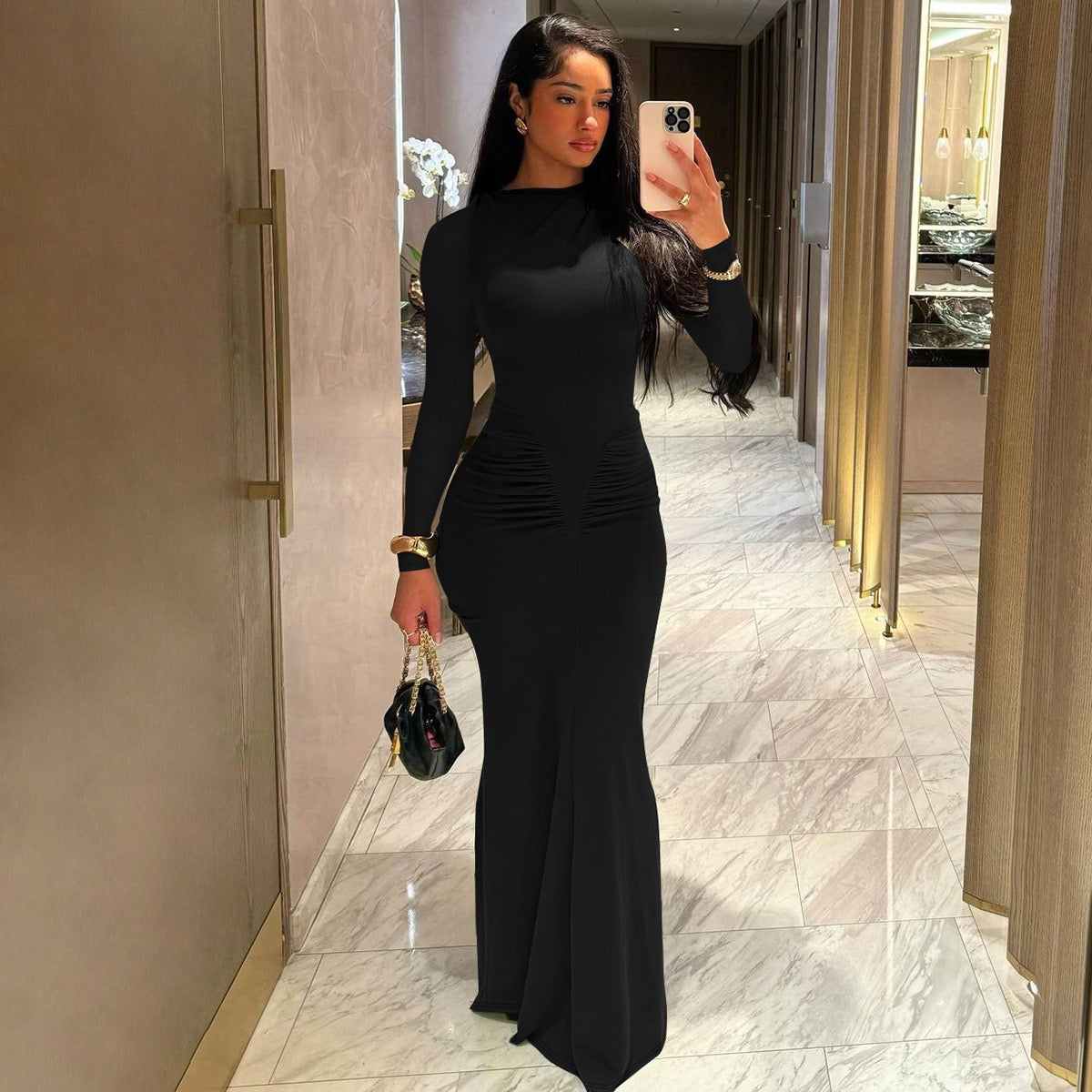 Sexy Wrap Buttocks Black Dresses Women O Neck Dress Long Sleeve Sheath Slim Fit Solid Spliced Pullover Folds Floor Length 2025