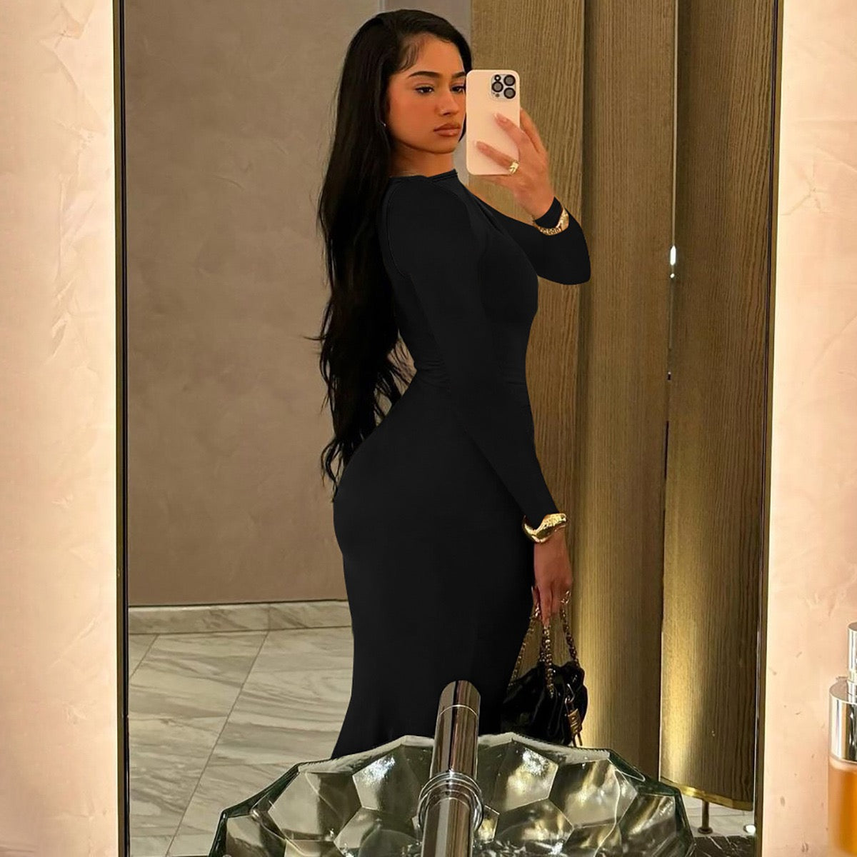Sexy Wrap Buttocks Black Dresses Women O Neck Dress Long Sleeve Sheath Slim Fit Solid Spliced Pullover Folds Floor Length 2025