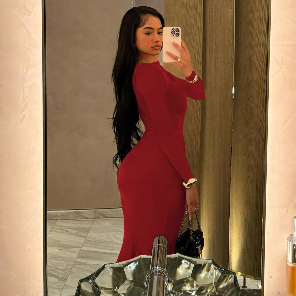 Sexy Wrap Buttocks Burgundy Dresses Women O Neck Dress Long Sleeve Sheath Slim Fit Solid Spliced Pullover Folds Floor Length 2025
