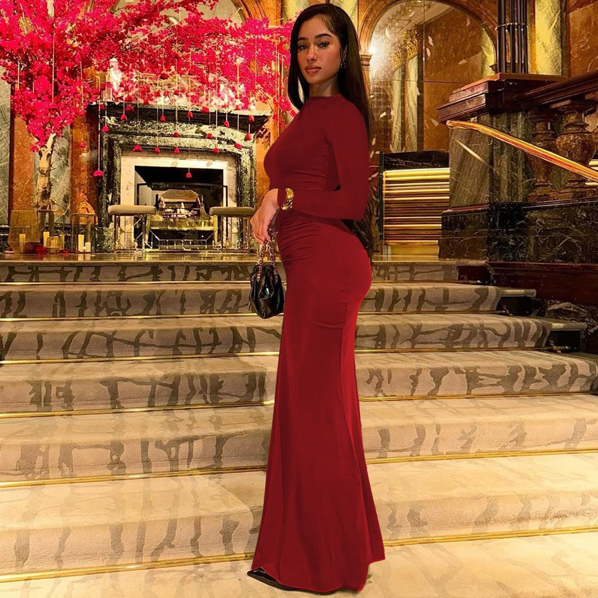 Sexy Wrap Buttocks Burgundy Dresses Women O Neck Dress Long Sleeve Sheath Slim Fit Solid Spliced Pullover Folds Floor Length 2025