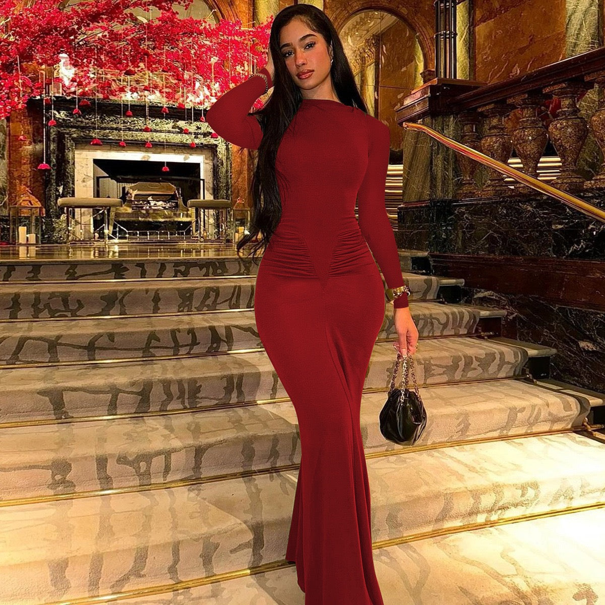 Sexy Wrap Buttocks Burgundy Dresses Women O Neck Dress Long Sleeve Sheath Slim Fit Solid Spliced Pullover Folds Floor Length 2025