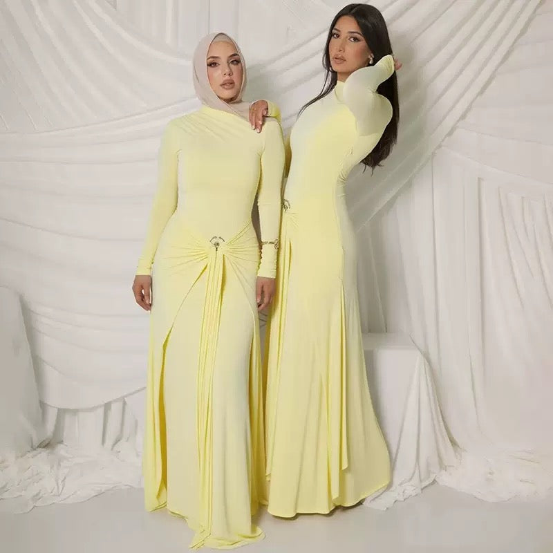 Elegant Long Sleeve Ruched Sexy Maxi Dress Women Gown Autumn Fashion Draped Bodycon Long Dresses Female Clothing