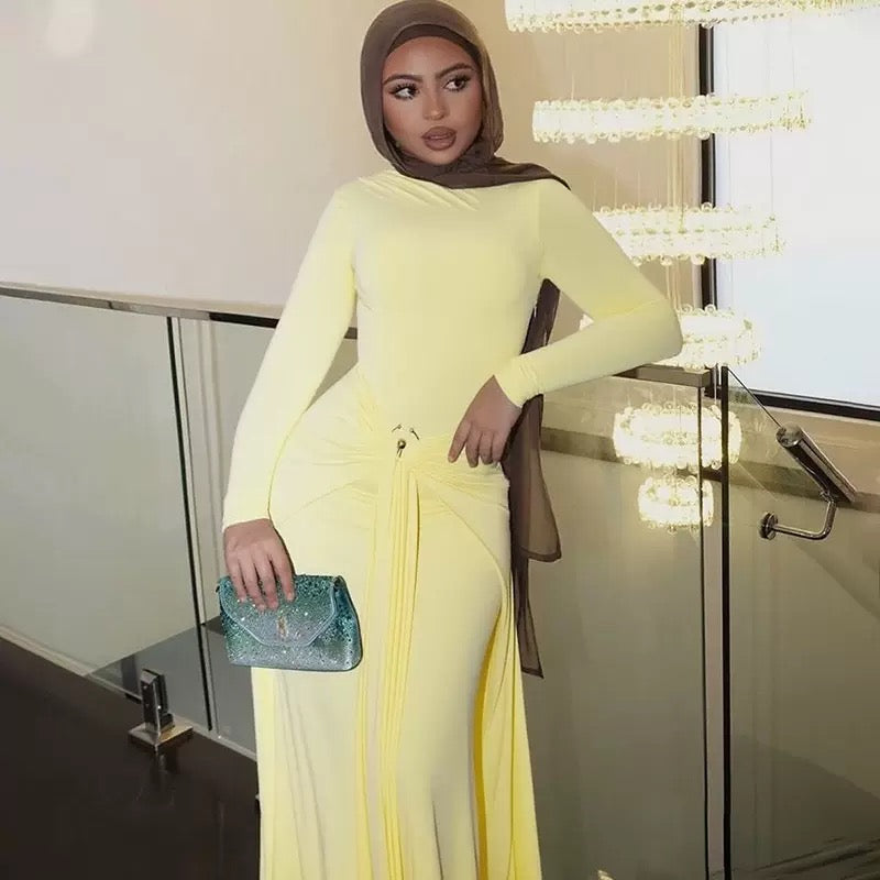 Elegant Long Sleeve Ruched Sexy Maxi Dress Women Gown Autumn Fashion Draped Bodycon Long Dresses Female Clothing