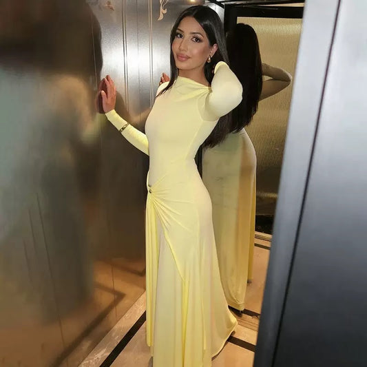 Elegant Long Sleeve Ruched Sexy Maxi Dress Women Gown Autumn Fashion Draped Bodycon Long Dresses Female Clothing