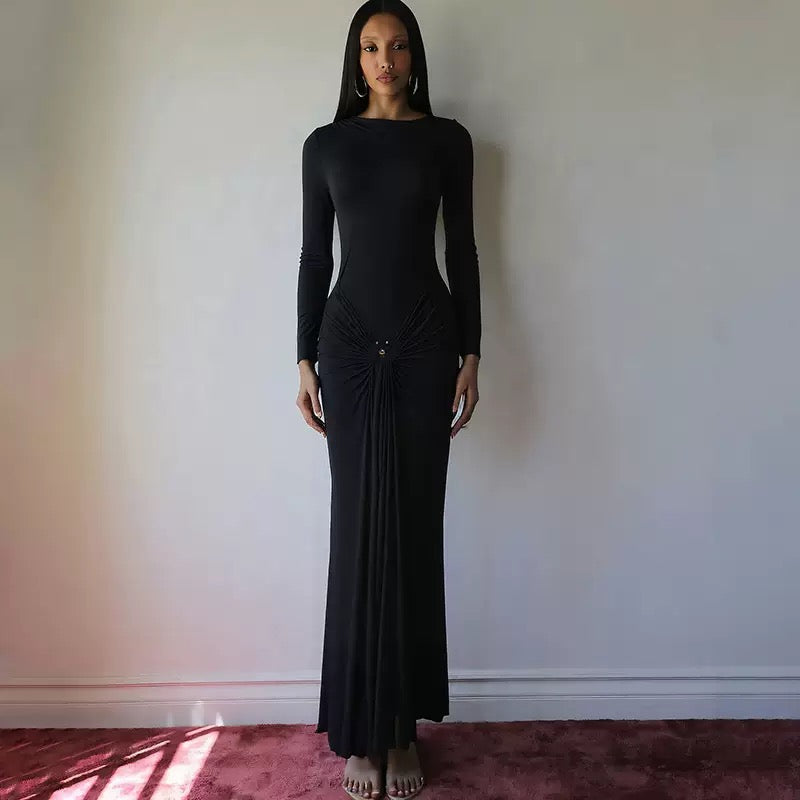 Elegant Long Sleeve Ruched Sexy Maxi Dress Women Gown Autumn Fashion Draped Bodycon Long Dresses Female Clothing