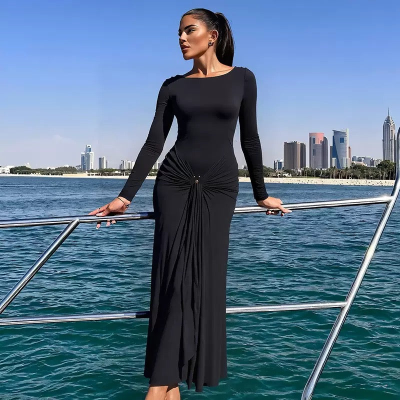 Elegant Long Sleeve Ruched Sexy Maxi Dress Women Gown Autumn Fashion Draped Bodycon Long Dresses Female Clothing