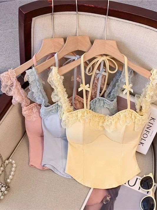 Sexy Slash Neck Lace Halter Camis Women Summer Sweet Slim Sleeveless Vest Streetwear Hot Girls Off Shoulder Tank New