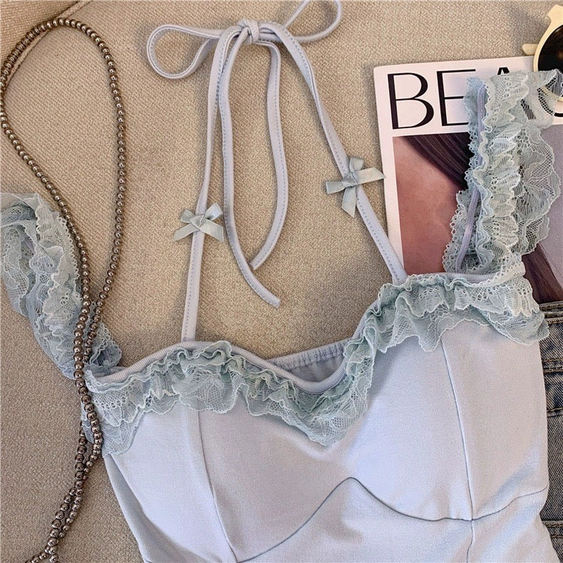 Sexy Slash Neck Lace Halter Camis Women Summer Sweet Slim Sleeveless Vest Streetwear Hot Girls Off Shoulder Tank New