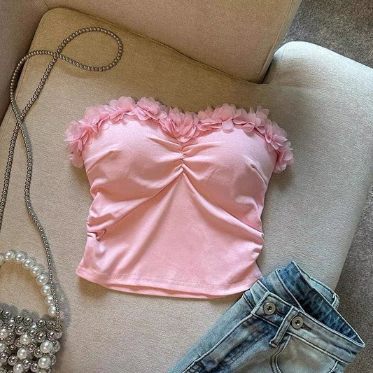 Flower Strapless Women Summer Sweet Holiday Sexy Pleated Cropped Tops With Cheat Pad