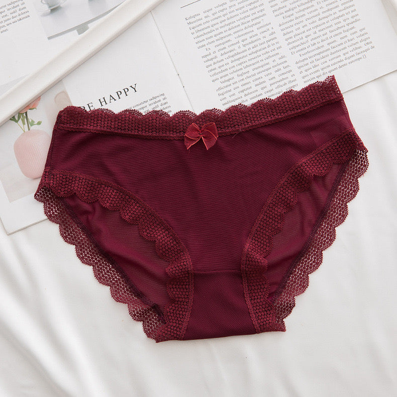 Women's Panties Sexy Lace Lingerie Net Yarn Thin Briefs Girls Bow Hollow Out Low-Rise Seamless Underpants