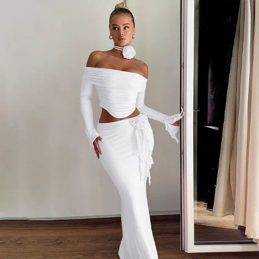 Slim Sexy Backless Lace-Up Top & Bodycon Floral Skirt Set – Elegant 2-Piece Party Outfit for Women