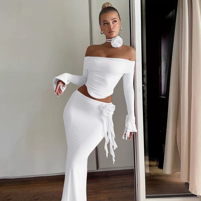 Slim Sexy Backless Lace-Up Top & Bodycon Floral Skirt Set – Elegant 2-Piece Party Outfit for Women