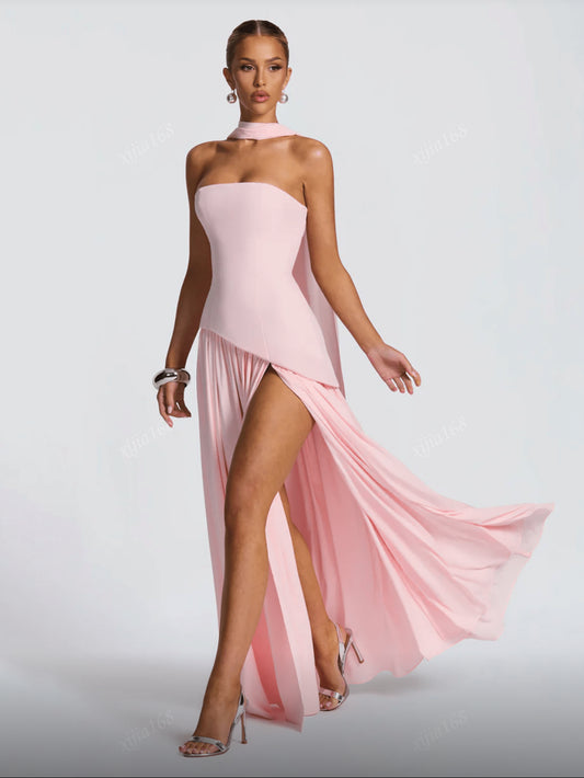 Elegant Ribbon Long PINK Dress Women's Strapless High Waist Pleated Dresses 2025 Summer Evening Party Wedding Guest New
