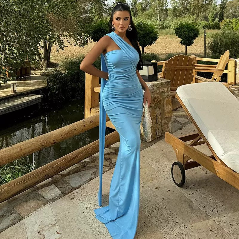 Elegant Women's Party BABY Blue Dress 2025 Summer Solid Color Hanging Neck Bareback Strap Split Style Skinny Dress Fishtail Bodycon Dress
